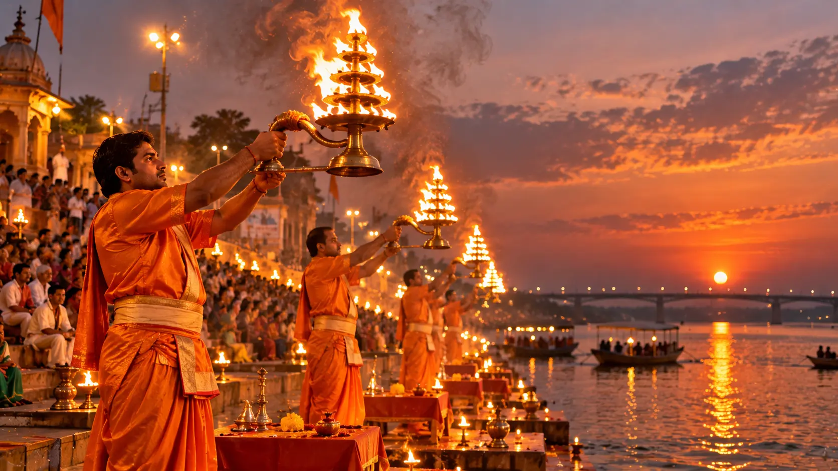 Priests performing the evening Godavari Aarti with large lamps on a floating stage