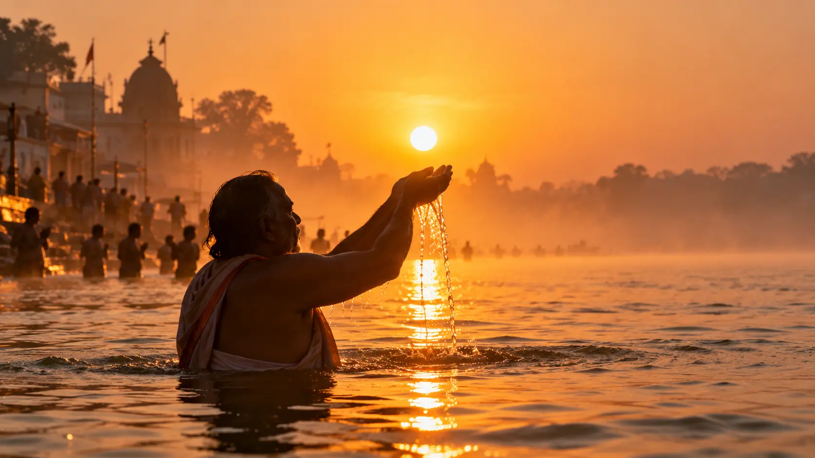 A pilgrim taking the holy dip in the Godavari river at sunrise
