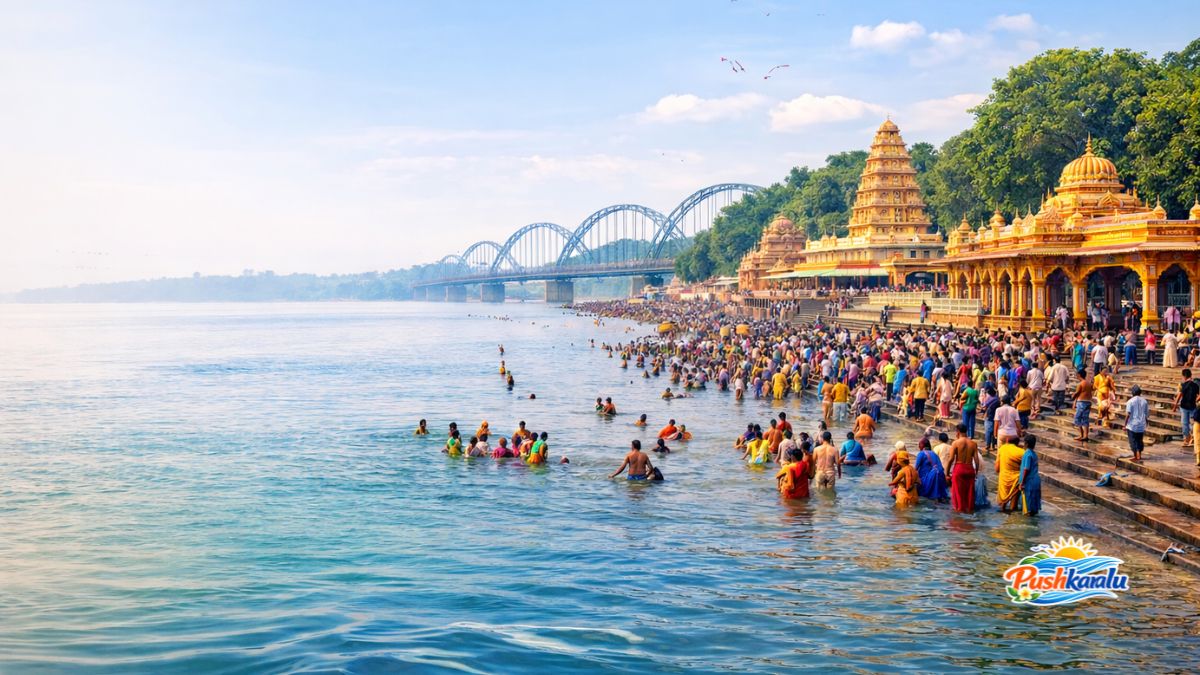 గోదావరి పుష్కరాల సమయంలో నది స్నానం చేస్తున్న భక్తులు