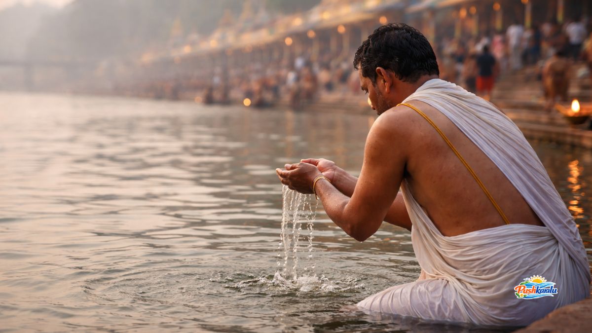 Devotee performing ritual bath in Godavari river during Pushkaralu